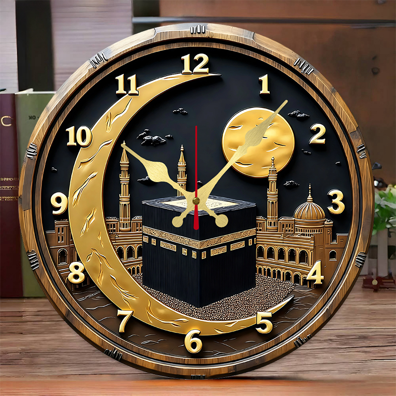 Resin Art Wall Clock - Black & Golden Kaaba Wooden Round