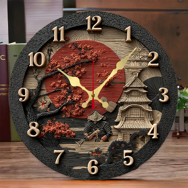 Resin Art Wall Clock - Samurai Themed Wooden Round Silent Hanging