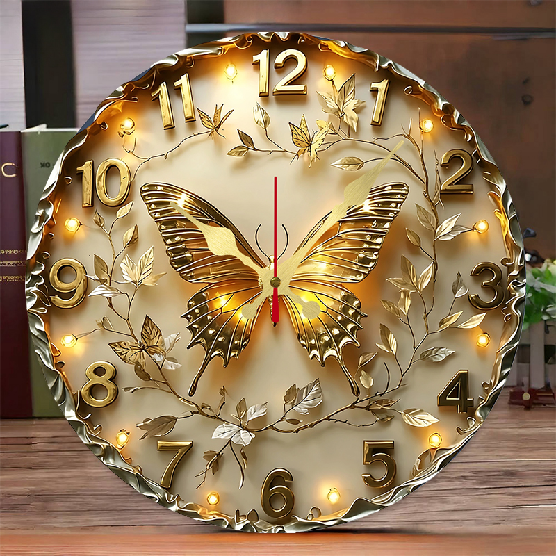 Resin Art Wall Clock - Golden Butterfly Wooden Round Silent Hanging