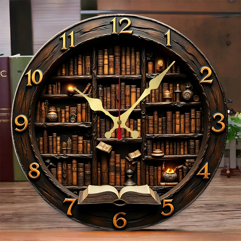 Resin Art Wall Clock - Library Nook Style Wooden Round Silent