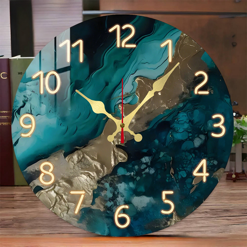 Resin Art Wall Clock - Green Marble Wooden Round Silent Hanging